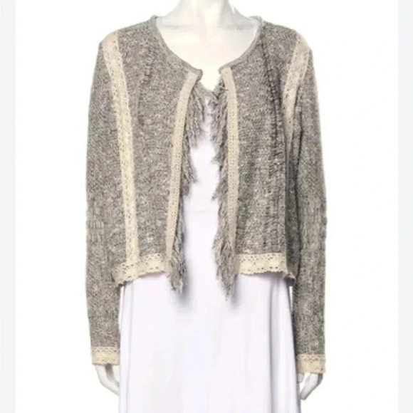 Mary McFadden Sweaters - Mary McFadden Tweed Open Front Cardigan Lace Trim & Fringe Details Women's L
